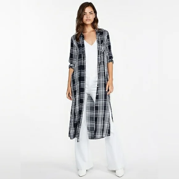 Express Navy and White Plaid Duster Shirt - Picture 1 of 5